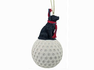 Black Flat Coated Retriever Dog on Golf Ball Christmas Ornament – Hand-Painted Stone Resin