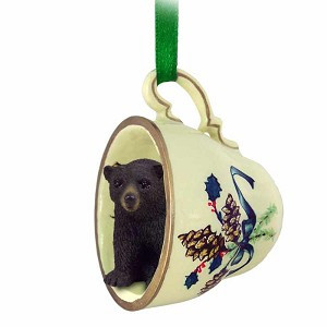 Black Bear in Green Holiday Tea Cup Christmas Ornament – Hand-Painted