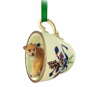 Green Holiday Cougar in Green Holiday Tea Cup Christmas Ornament – Hand-Painted