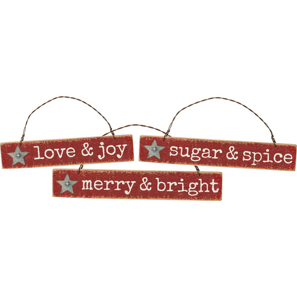 Set of 3 Rusti Wooden Christmas Ornaments - Love & Joy - Sugar & Spice - Merry & Bright  from Primitives by Kathy