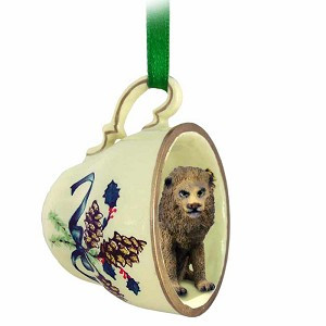 Green Holiday Lion in Green Holiday Tea Cup Christmas Ornament – Hand-Painted