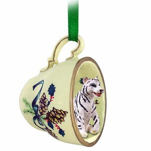 White Tiger in Green Holiday Tea Cup Christmas Ornament – Hand-Painted