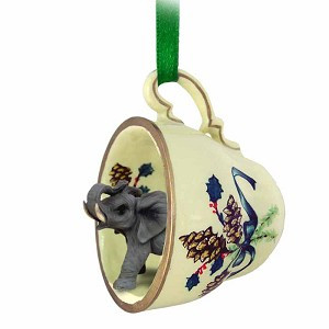 Elephant in Green Holiday Tea Cup Christmas Ornament – Hand-Painted