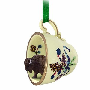 Buffalo in Green Holiday Tea Cup Christmas Ornament – Hand-Painted
