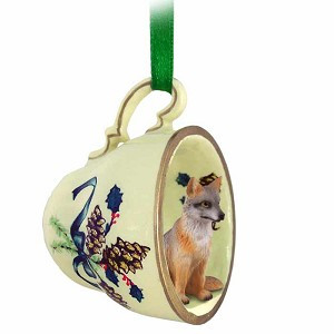 Gray Fox in Green Holiday Tea Cup Christmas Ornament – Hand-Painted Stone Resin