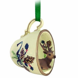 Bull Elk in Green Holiday Tea Cup Christmas Ornament – Hand-Painted Stone Resin