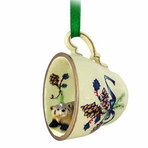 Green Holiday Badger in Green Holiday Tea Cup Christmas Ornament – Hand-Painted Stone Resin