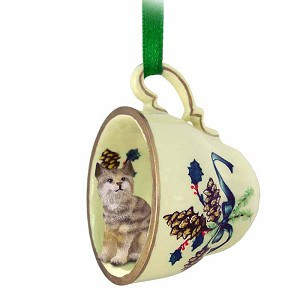 Green Holiday Bobcat in Green Holiday Tea Cup Christmas Ornament – Hand-Painted Stone Resin