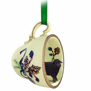 Black Sheep in Green Holiday Tea Cup Christmas Ornament – Hand-Painted Stone Resin