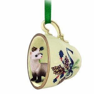 Ferret in Green Holiday Tea Cup Christmas Ornament – Hand-Painted Stone Resin
