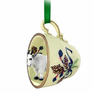 Green Holiday Mountain Goat in Green Holiday Tea Cup Christmas Ornament – Hand-Painted Stone Resin