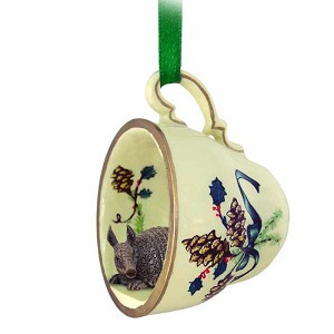 Armadillo in Green Holiday Tea Cup Christmas Ornament – Hand-Painted Stone Resin