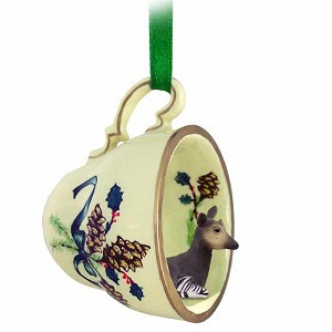 Green Holiday Okapi in Green Holiday Tea Cup Christmas Ornament – Hand-Painted Stone Resin