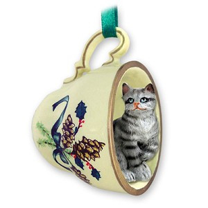 Silver Shorthaired Tabby Cat in Green Holiday Tea Cup Christmas Ornament – Hand-Painted Stone Resin