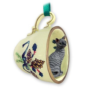 Blue Cornish Rex Cat in Green Holiday Tea Cup Christmas Ornament – Hand-Painted Stone Resin