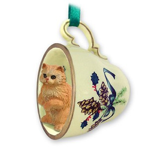 Red Persian Cat in Green Holiday Tea Cup Christmas Ornament – Hand-Painted Stone Resin