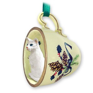 White Oriental Shorthair Cat in Green Holiday Tea Cup Christmas Ornament – Hand-Painted Stone Resin