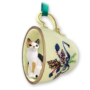 Tortoise & White Japanese Bobtail Cat in Green Holiday Tea Cup Christmas Ornament