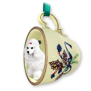 White Poodle Dog in Green Holiday Tea Cup Christmas Ornament – Hand-Painted Stone Resin