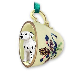 Green Tea Cup Dalmatian Dog in Green Holiday Tea Cup Christmas Ornament – Hand-Painted Stone Resin