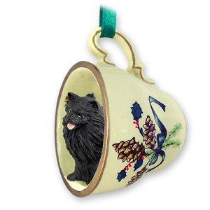 Black Pomeranian Dog in Green Holiday Tea Cup Christmas Ornament – Hand-Painted Stone Resin