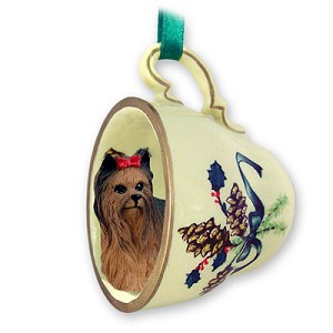 Yorkshire Terrier Dog in Green Holiday Tea Cup Christmas Ornament – Hand-Painted Stone Resin