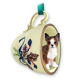 Brindle & White Chihuahua Dog in Green Holiday Tea Cup Christmas Ornament – Hand-Painted Stone Resin