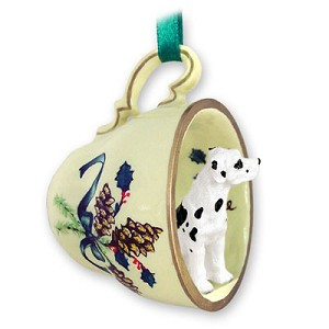 Harlequin Uncropped Ears Great Dane Dog in Green Holiday Tea Cup Christmas Ornament