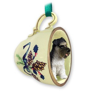 Gray Uncropped Ears Schnauzer Dog in Green Holiday Tea Cup Christmas Ornament