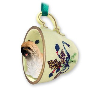 Brown Lhasa Apso Dog in Green Holiday Tea Cup Christmas Ornament – Hand-Painted Stone Resin