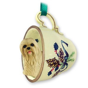 Blonde Lhasa Apso Dog in Green Holiday Tea Cup Christmas Ornament – Hand-Painted Stone Resin