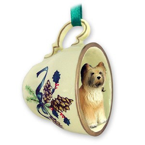 Briard Dog in Green Holiday Tea Cup Christmas Ornament – Hand-Painted Stone Resin
