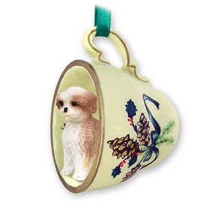 Tan Sport Cut Shih Tzu Dog in Green Holiday Tea Cup Christmas Ornament – Hand-Painted Stone Resin