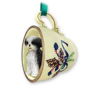 Black & White Sport Cut Shih Tzu Dog in Green Holiday Tea Cup Christmas Ornament