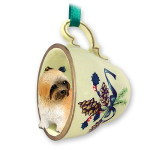 Brown Sport Cut Lhasa Apso Dog in Green Holiday Tea Cup Christmas Ornament