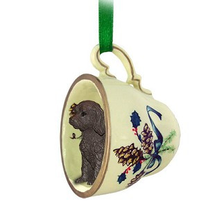 Chocolate Labradoodle Dog in Green Holiday Tea Cup Christmas Ornament – Hand-Painted Stone Resin