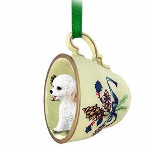 White Cockapoo Dog in Green Holiday Tea Cup Christmas Ornament – Hand-Painted Stone Resin