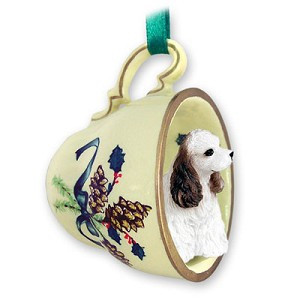 Brown & White Cocker Spaniel Dog in Green Holiday Tea Cup Christmas Ornament