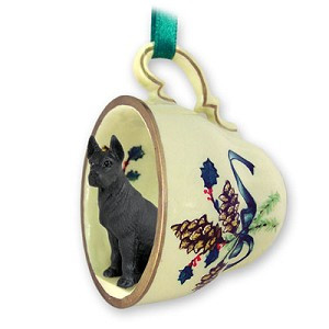 Black Great Dane Dog in Green Holiday Tea Cup Christmas Ornament – Hand-Painted Stone Resin