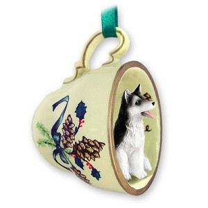 Black & White Brown Eyes Husky Dog in Green Holiday Tea Cup Christmas Ornament