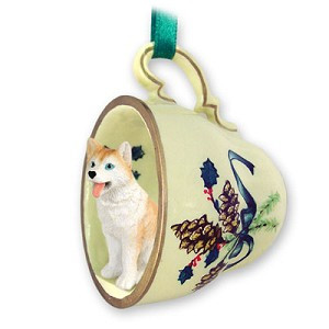 Red & White Blue Eyes Husky Dog in Green Holiday Tea Cup Christmas Ornament