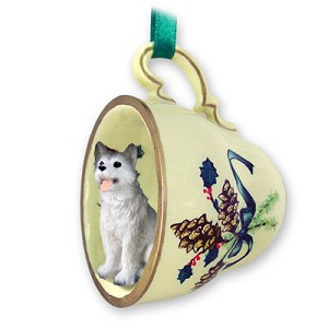 Gray & White Brown Eyes Husky Dog in Green Holiday Tea Cup Christmas Ornament