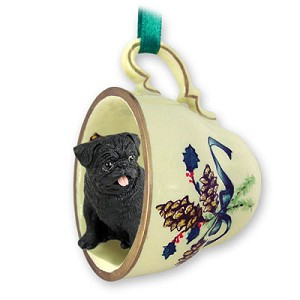 Black Pug Dog in Green Holiday Tea Cup Christmas Ornament – Hand-Painted Stone Resin