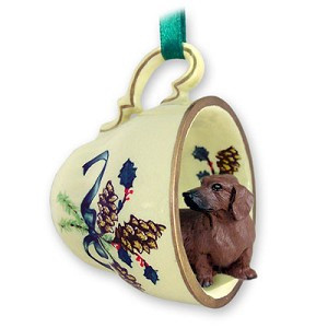 Red Dachshund Dog in Green Holiday Tea Cup Christmas Ornament – Hand-Painted Stone Resin