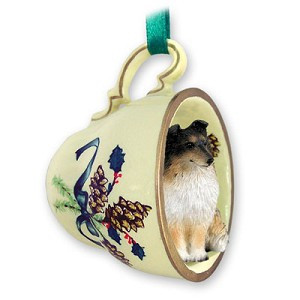 Tricolor Sheltie Dog in Green Holiday Tea Cup Christmas Ornament – Hand-Painted Stone Resin