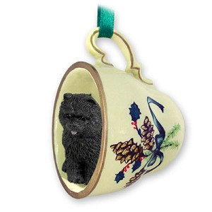 Black Chow Dog in Green Holiday Tea Cup Christmas Ornament – Hand-Painted Stone Resin