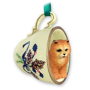 Red Chow Dog in Green Holiday Tea Cup Christmas Ornament – Hand-Painted Stone Resin