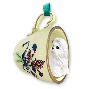 White Shih Tzu Dog in Green Holiday Tea Cup Christmas Ornament – Hand-Painted Stone Resin