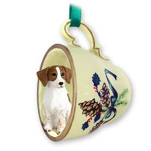 Brown & White Brittany Dog in Green Holiday Tea Cup Christmas Ornament – Hand-Painted Stone Resin