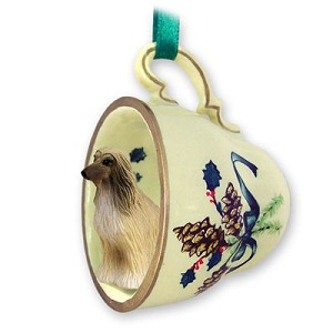 Tan & White Afghan Hound Dog in Green Holiday Tea Cup Christmas Ornament – Hand-Painted Stone Resin